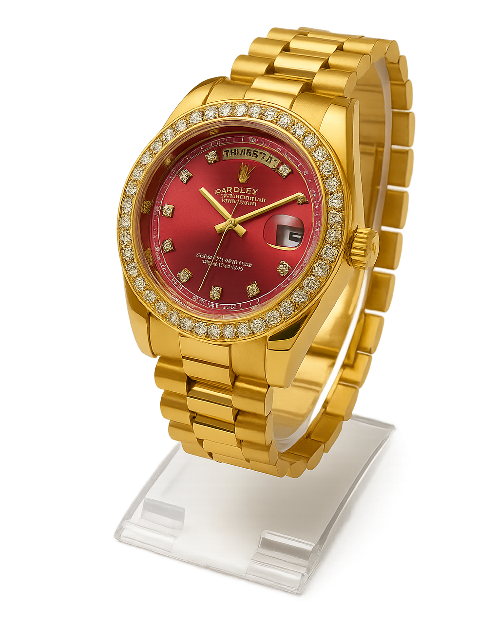 Luxury Gold-Plated Men’s Wristwatch – Red Dial with Diamond Accents