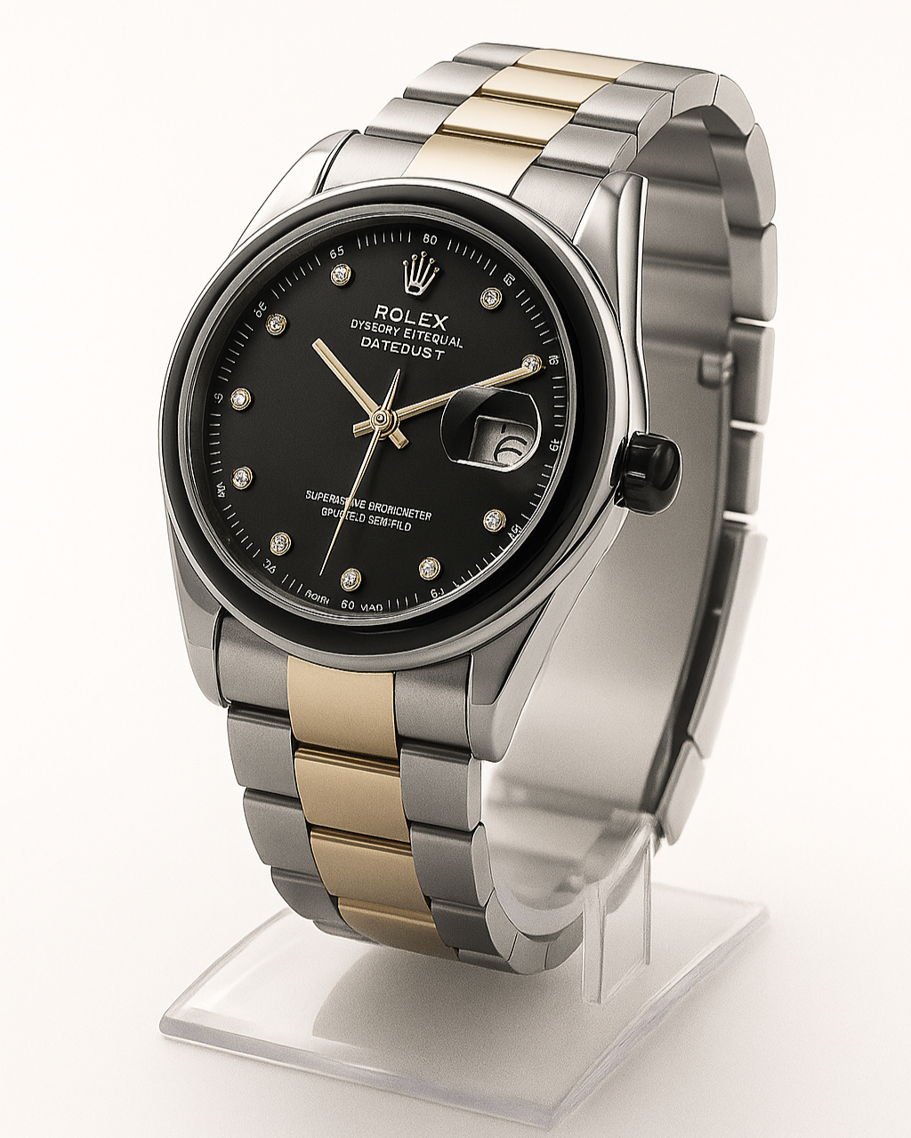 Luxury Two-Tone Stainless Steel Wristwatch for Men – Black Dial with Diamond Markers