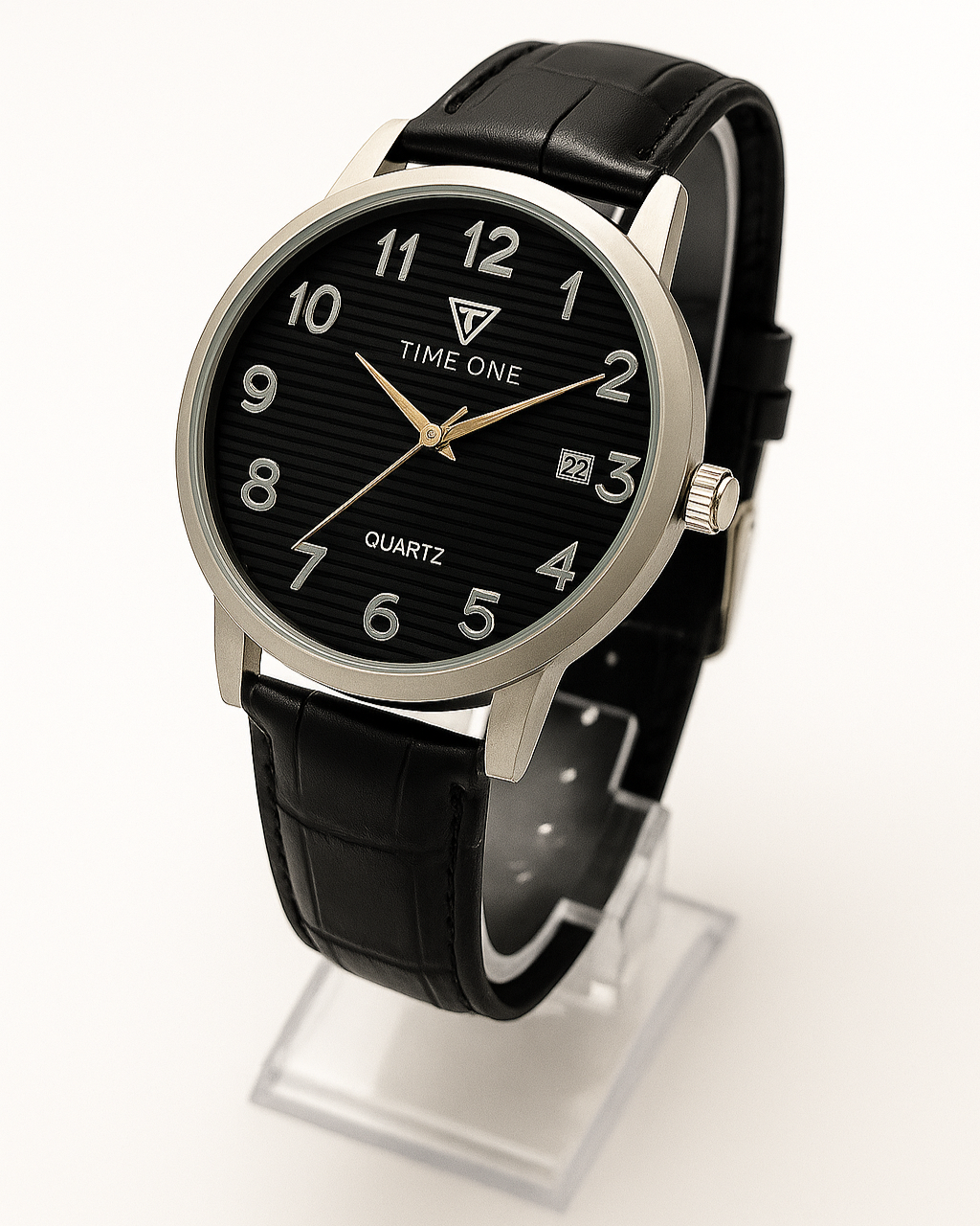 TIME ONE Black Leather Strap Quartz Wristwatch – Classic Men’s Watch