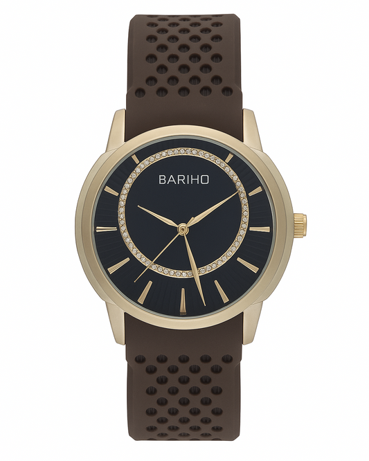 BARIHO Elegant Men's Analog Watch – Black Dial with Crystal Detailing
