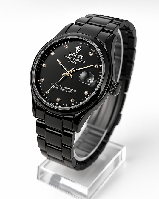Luxury Black Stainless Steel Men’s Wristwatch – Diamond Markers with Date Display