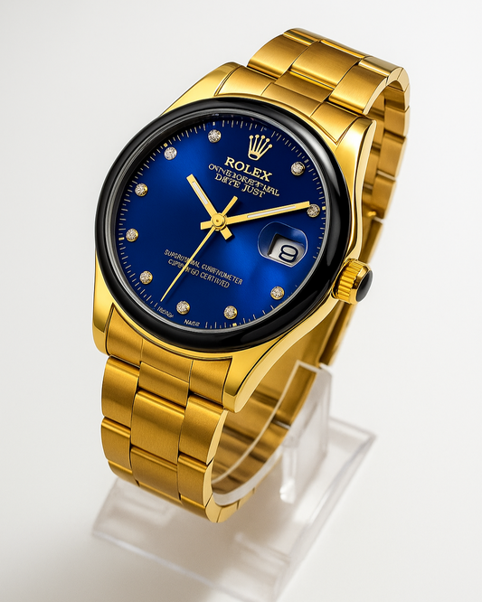 Luxury Gold-Plated Men’s Wristwatch – Blue Dial with Diamond Markers