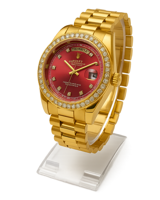 Luxury Gold-Plated Men’s Wristwatch – Red Dial with Diamond Accents