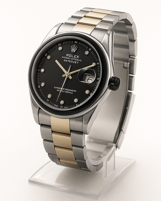 Luxury Two-Tone Stainless Steel Wristwatch for Men – Black Dial with Diamond Markers