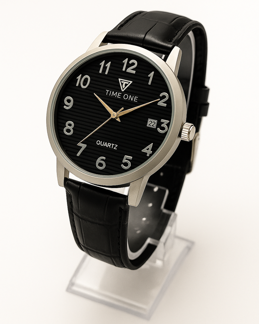 TIME ONE Black Leather Strap Quartz Wristwatch – Classic Men’s Watch