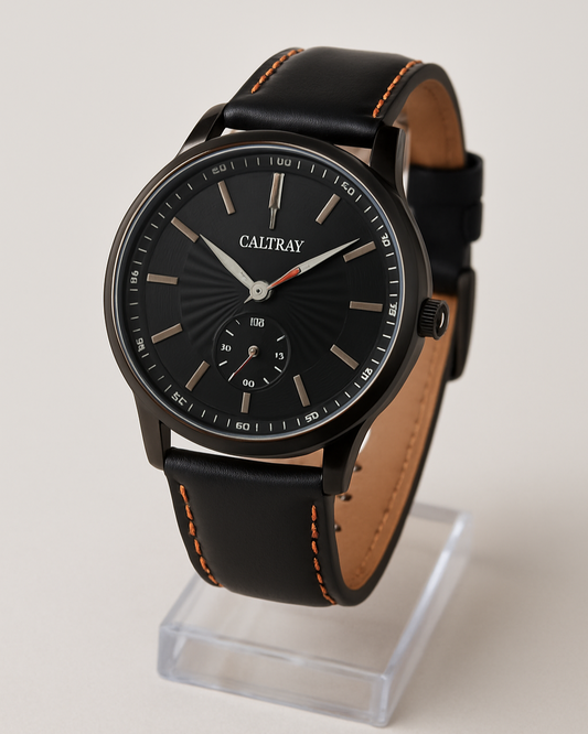 CALTRAY Black Dial Quartz Wristwatch – Premium Leather Strap for Men