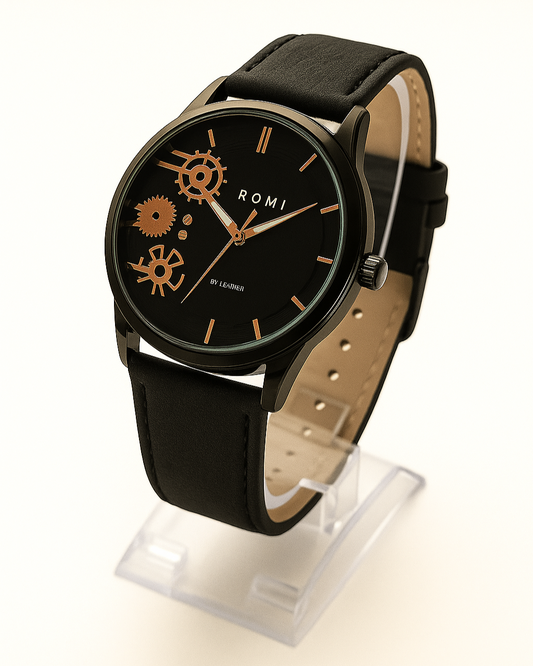 ROMI Black Dial Wristwatch – Mechanical Gear Design with Leather Strap
