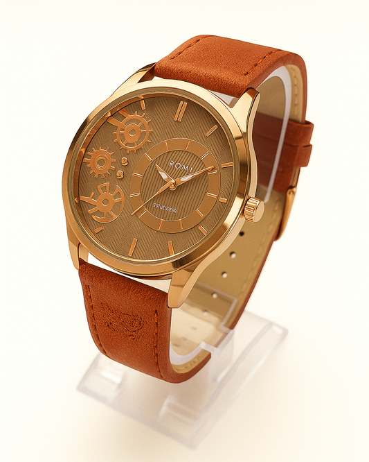 ROMI Gold Dial Wristwatch – Elegant Gear Design with Brown Leather Strap