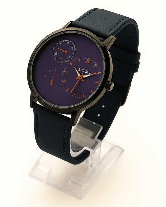 ROMI Classic Black Strap Wristwatch – Purple Dial with Multi-Subdial Design