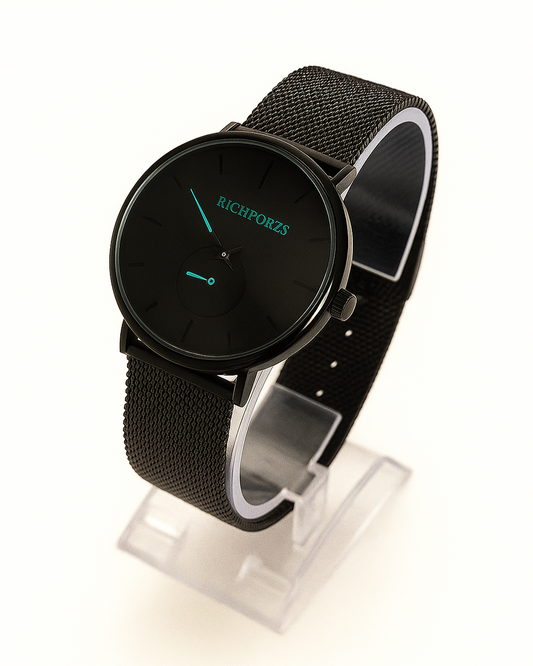 RICHPORZS Black Mesh Strap Wristwatch – Minimalist Luxury Design