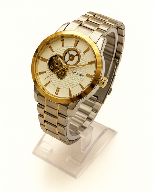 Luxury Automatic Skeleton Watch – Gold &amp; Silver Stainless Steel
