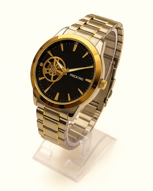 Proking Silver &amp; Gold Skeleton Luxury Stainless Steel Watch